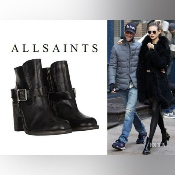 Allsaints jules Block heeled black Leather biker boots in EU 39 buckle wrap - Picture 2 of 16